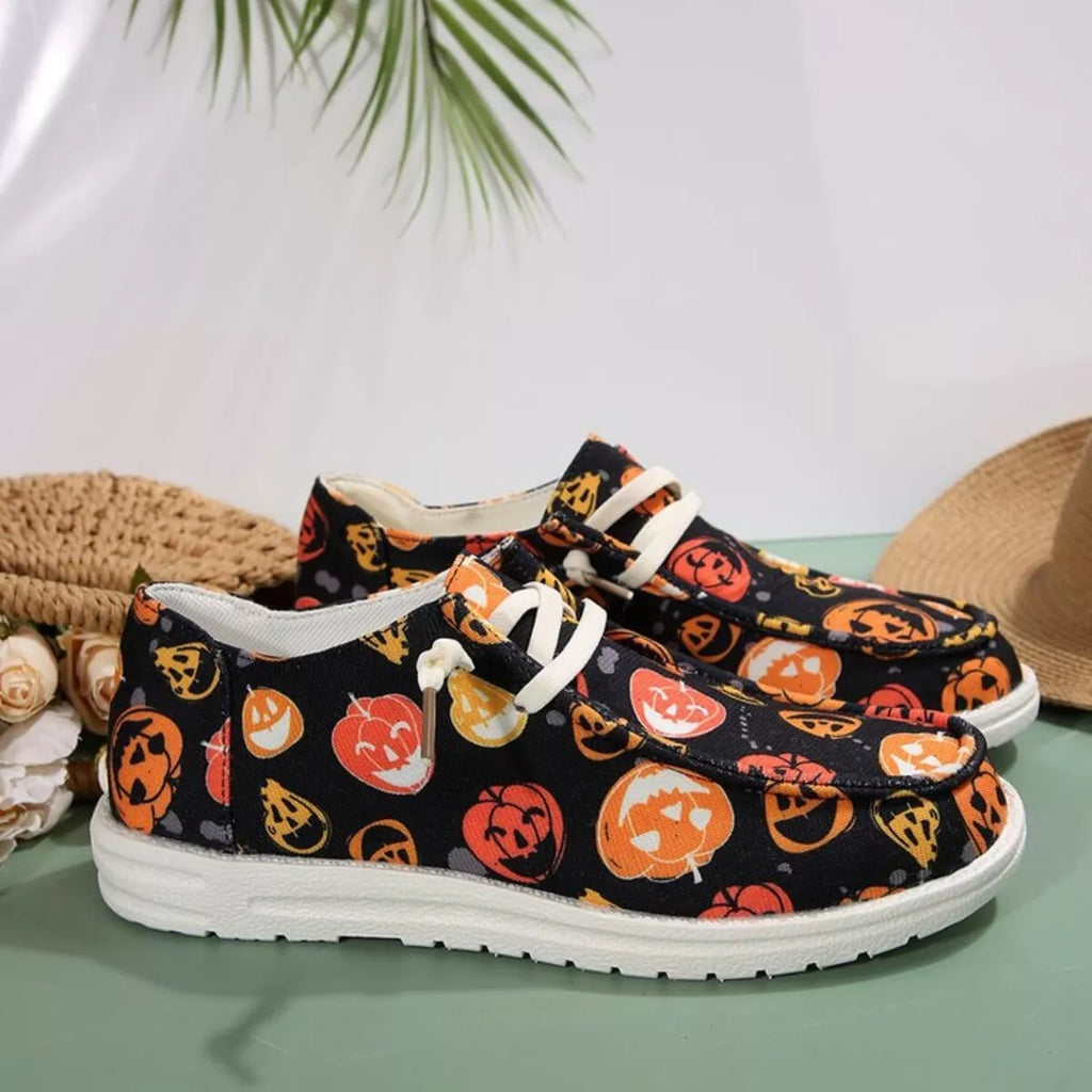 women's halloween pumpkin print round toe sneakers - detail shot
