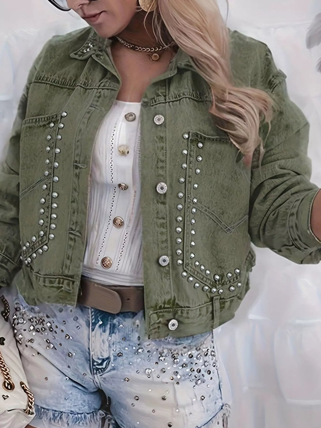 women's studded button up wash denim jacket - product detail