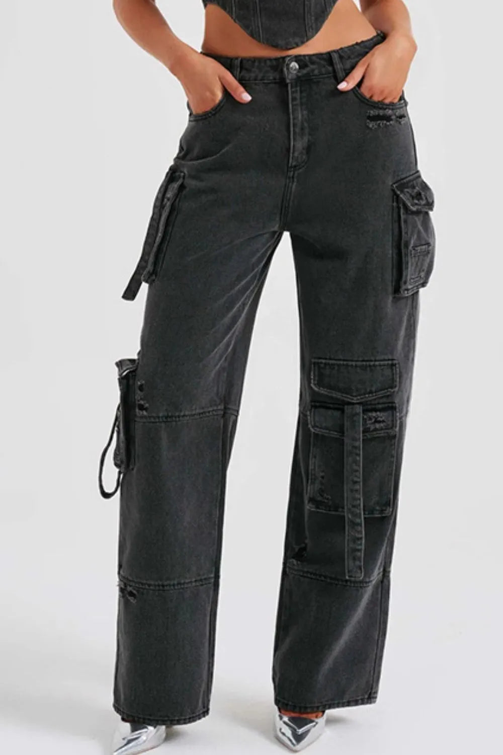 High Waist Cargo Wide Leg Jeans