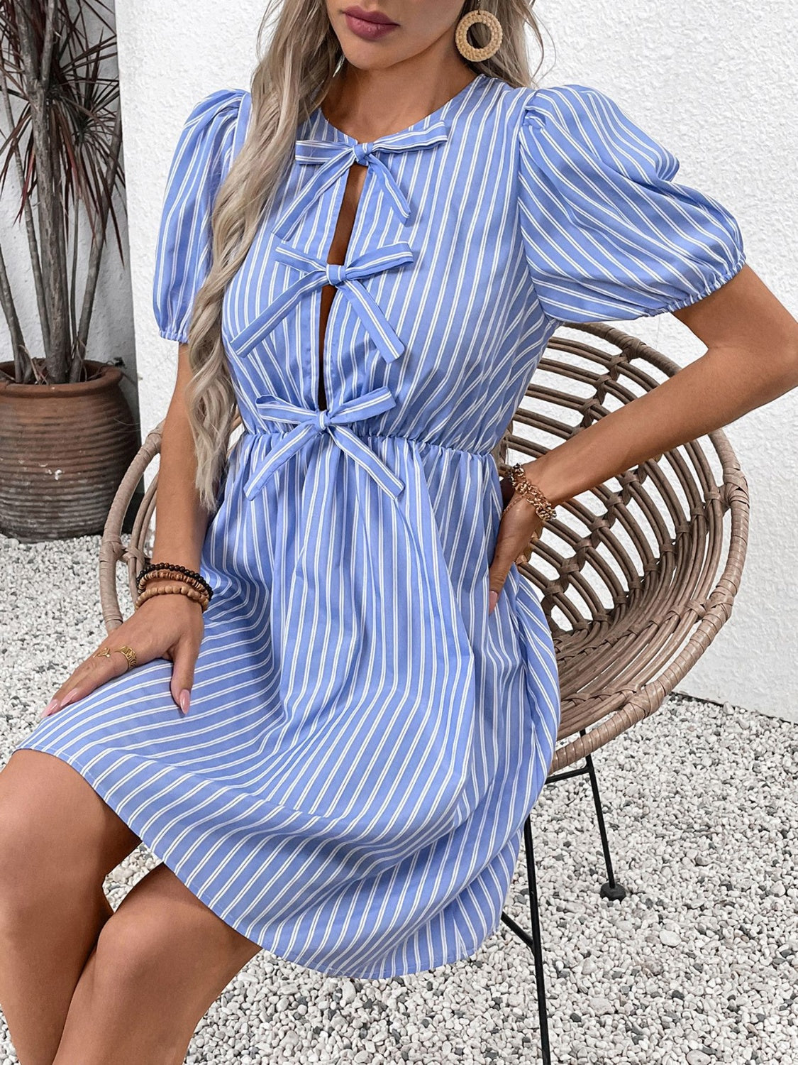 Perfee Tied Striped Short Sleeve Mini Dress