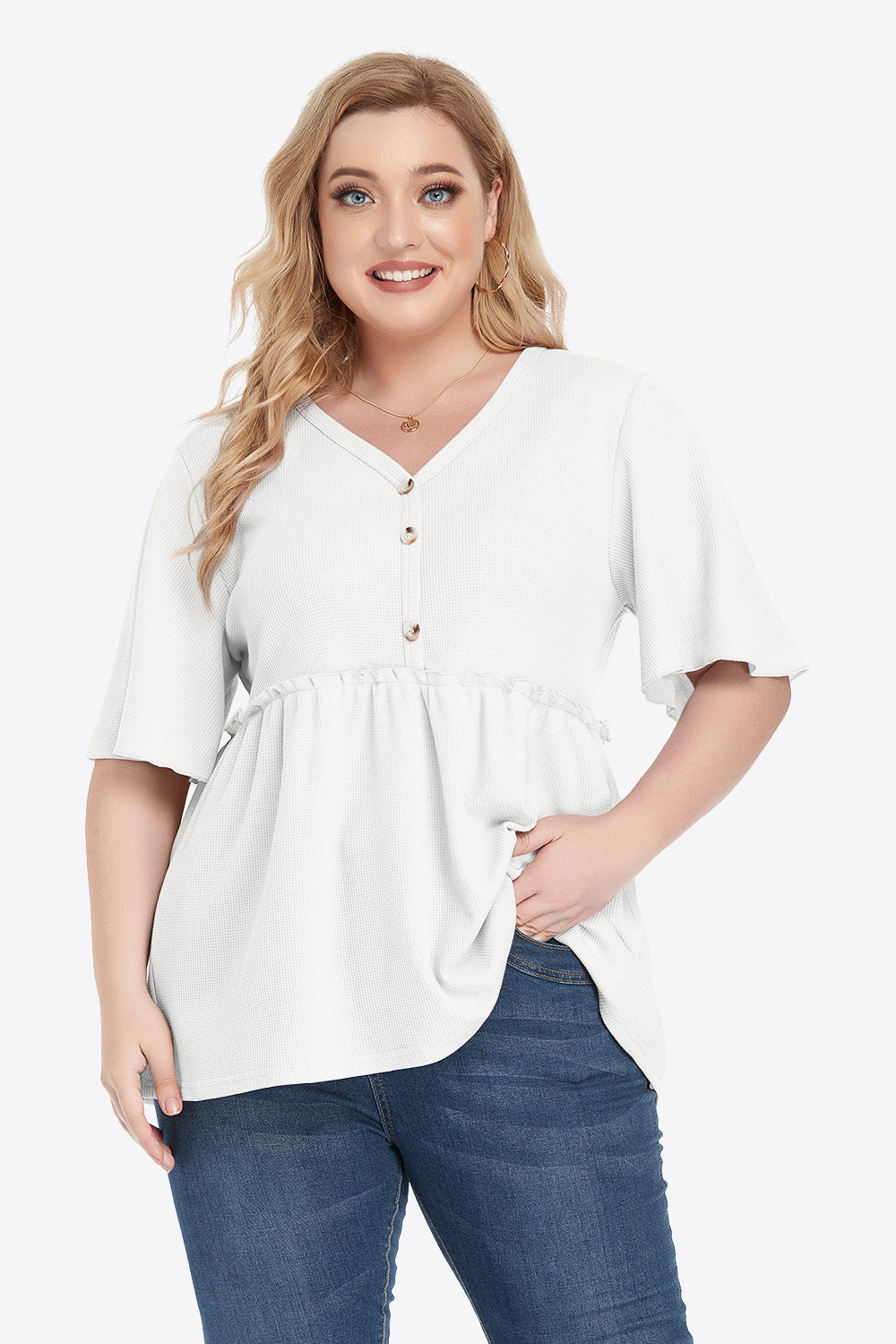 Plus Size Buttoned V-Neck Frill Trim Babydoll Blouse White