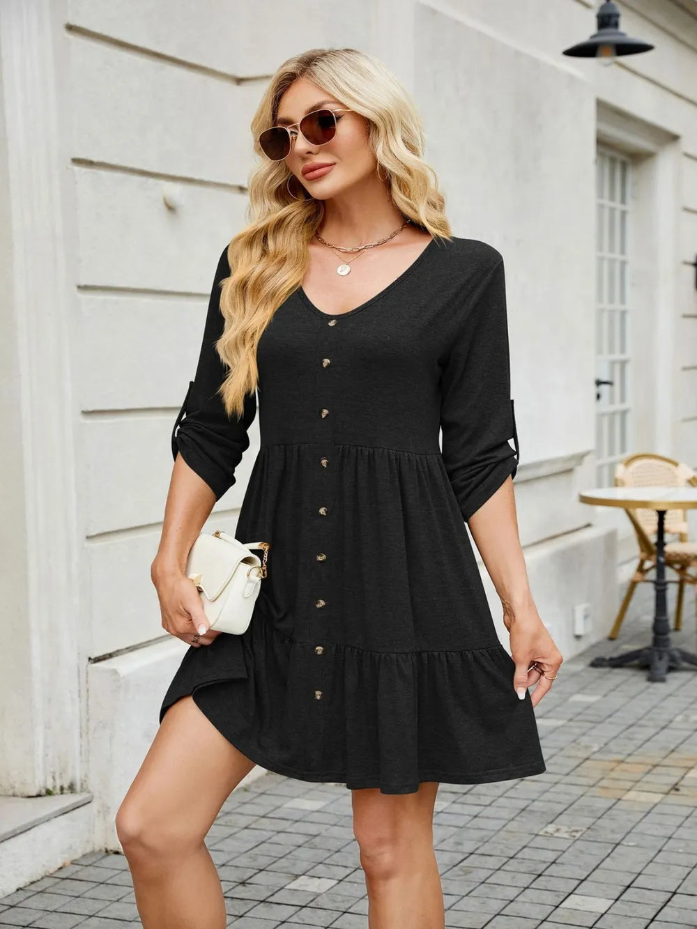 Tiered Ruched V-Neck Mini Dress