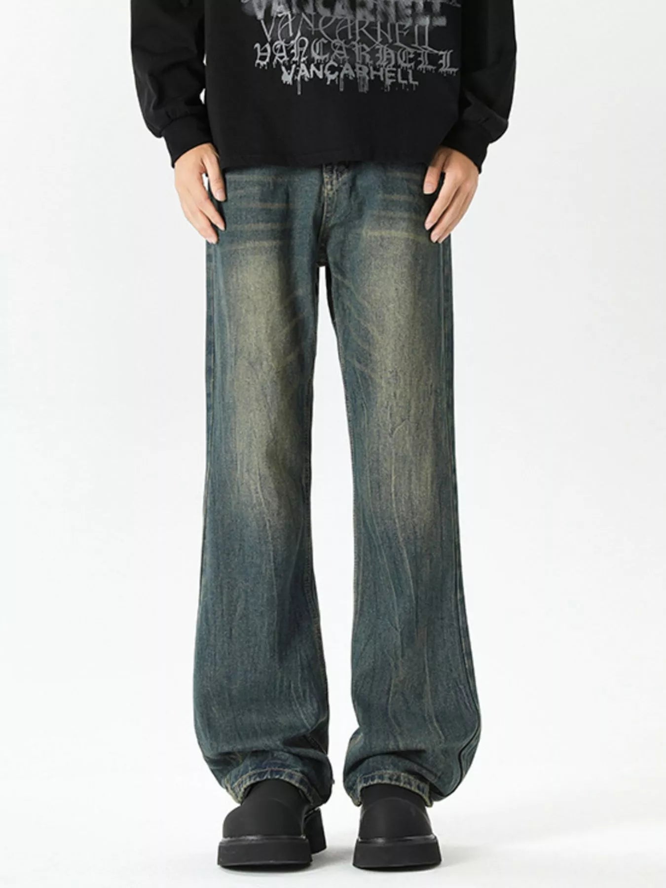 men's men's plus size vintage wash wide leg jeans - main product image