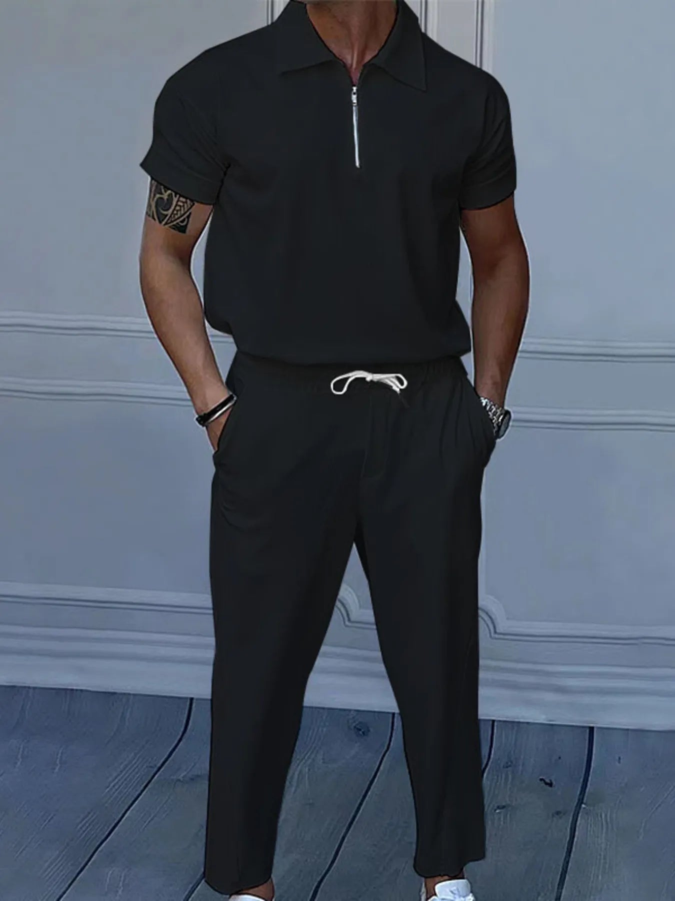 men's men's full size quarter zip short sleeve polo and pants set plus size - extra view
