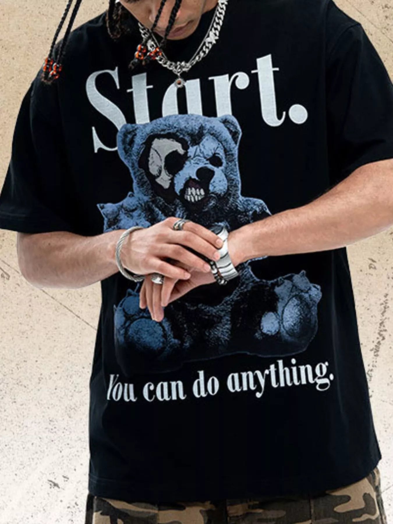 men's men's teddy bear graphic round neck oversized t-shirt - detail shot
