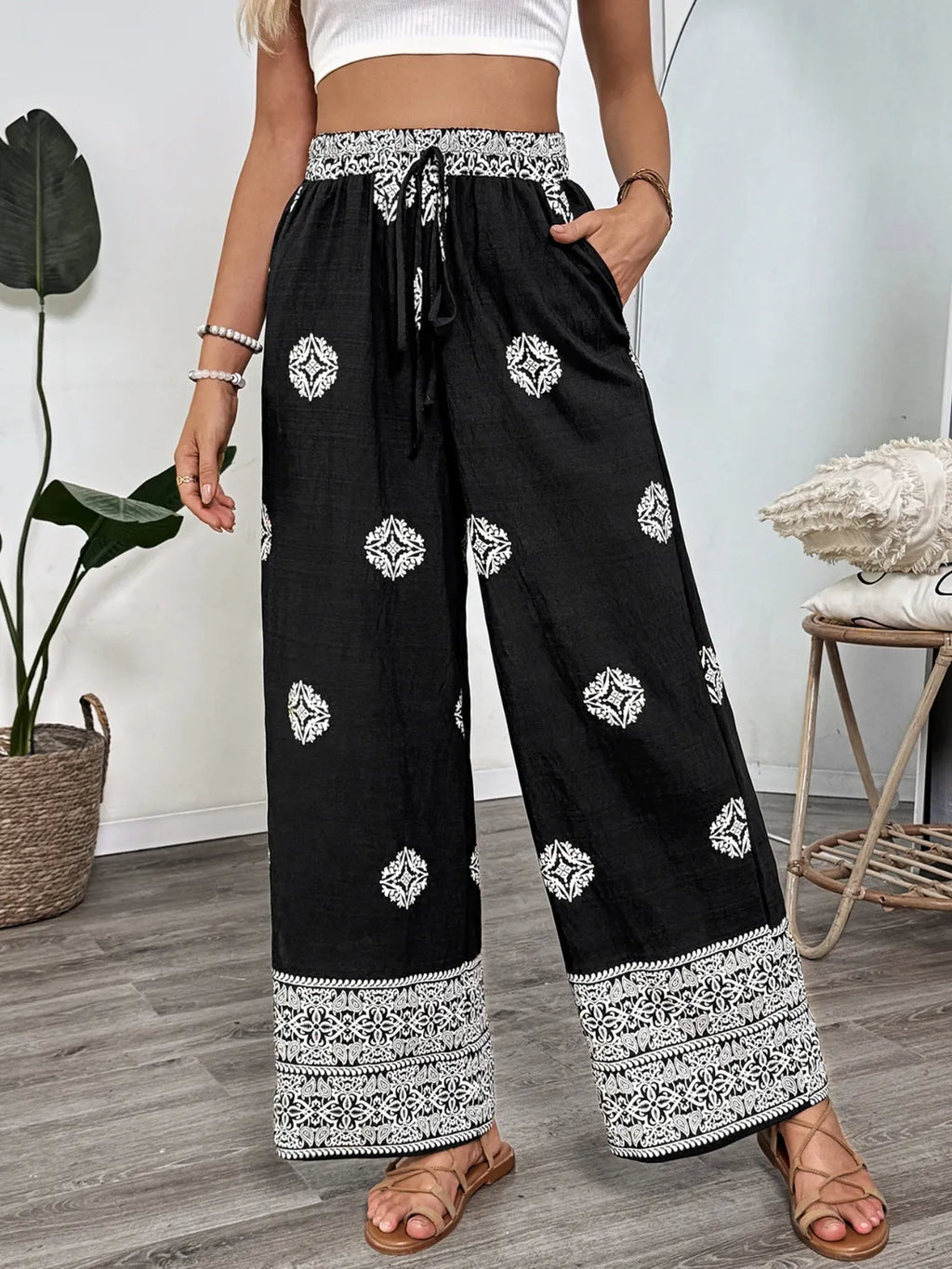 Boho Print Wide Leg Pants Black