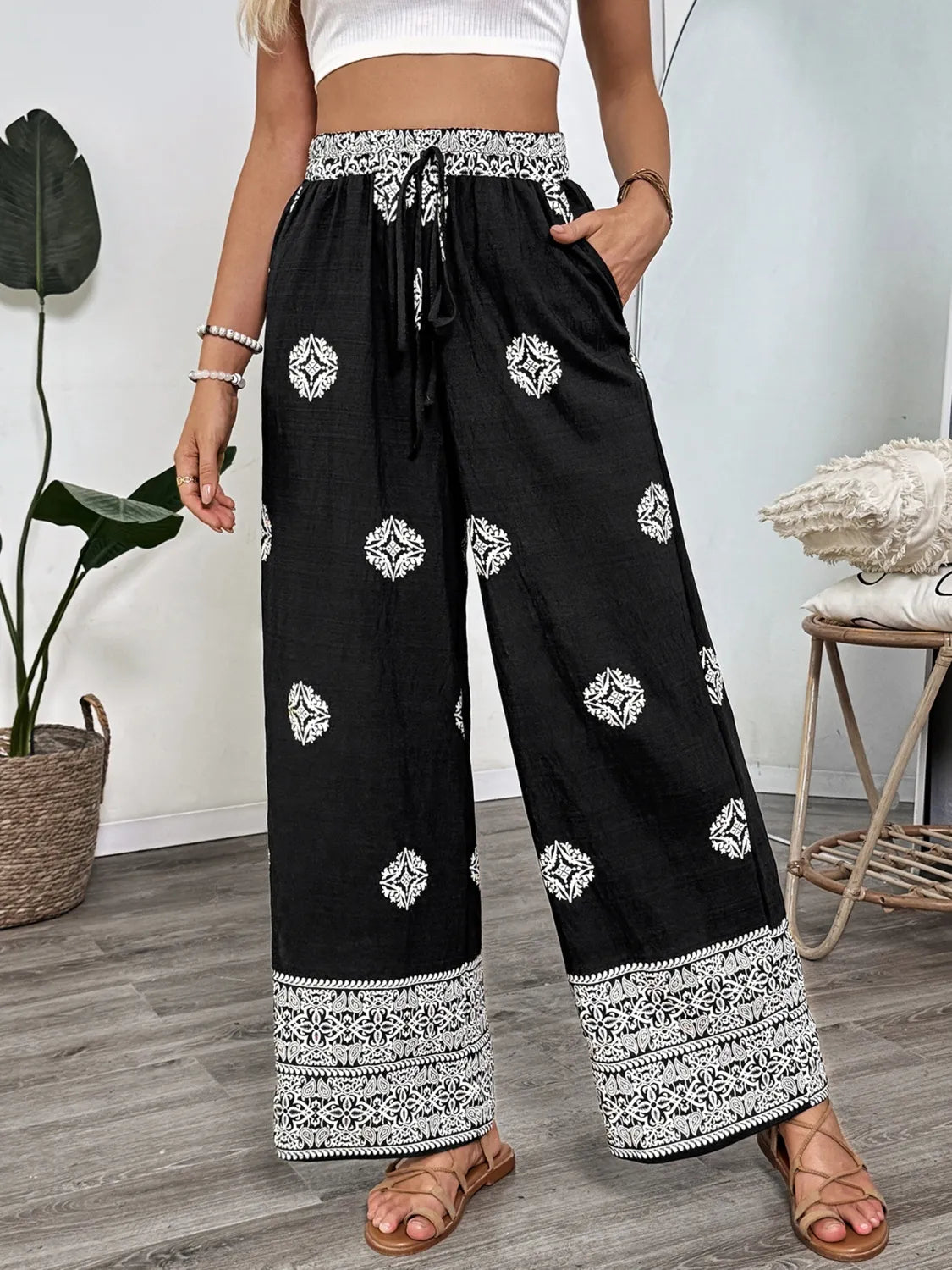 Boho Print Wide Leg Pants Black