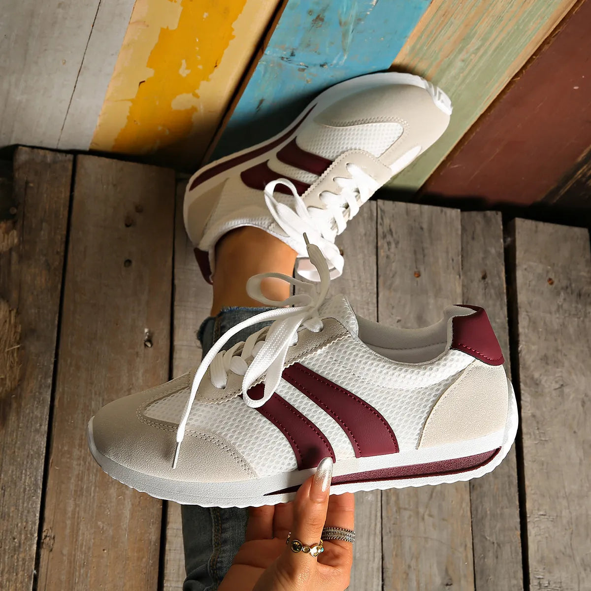 women's striped contrast mesh lace up sneakers - product detail