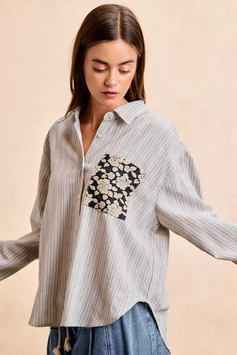 women's bibi flower jacquard knit patch pocket stripe shirt - product detail