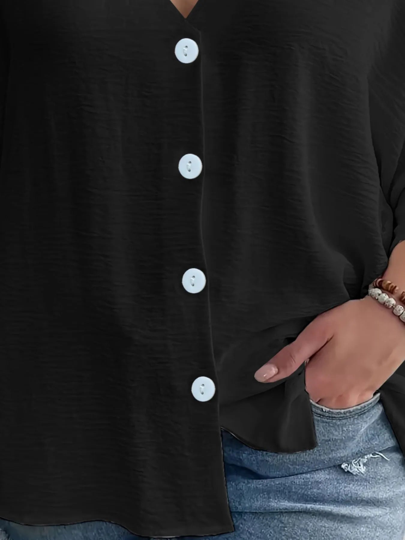 Full Size Casual V-Neck Button Down Relaxed Fit Blouse Plus Size