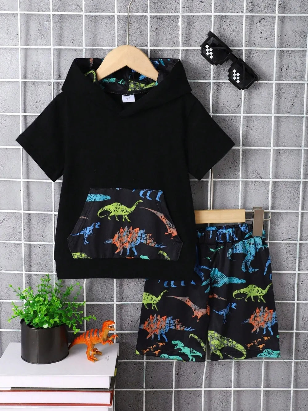 children's dinosaur short sleeve hooded top and pants set — stylish clothing for kids