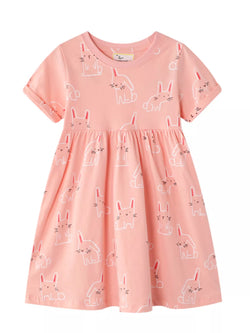 women's children's cute rabbit print round neck dress - front view