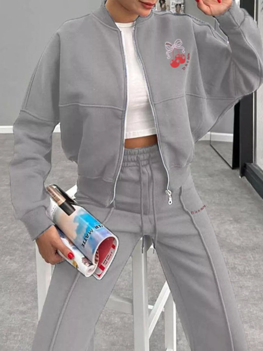 women's zip up dropped shoulder outerwear and pants set - product detail
