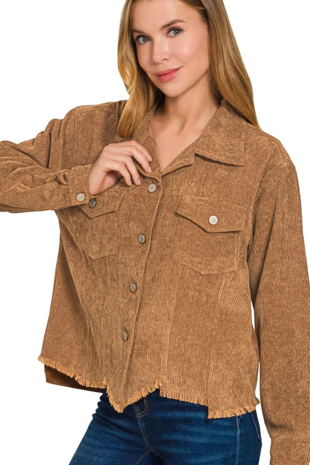 women's jacket: zenana distressed corduroy frayed hem cropped jacket shown as women’s jacket