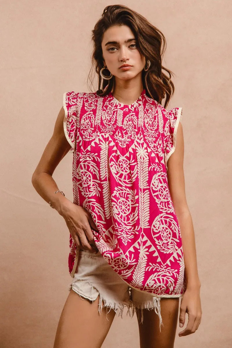 bibi printed ruffle sleeve top shown as women’s outerwear