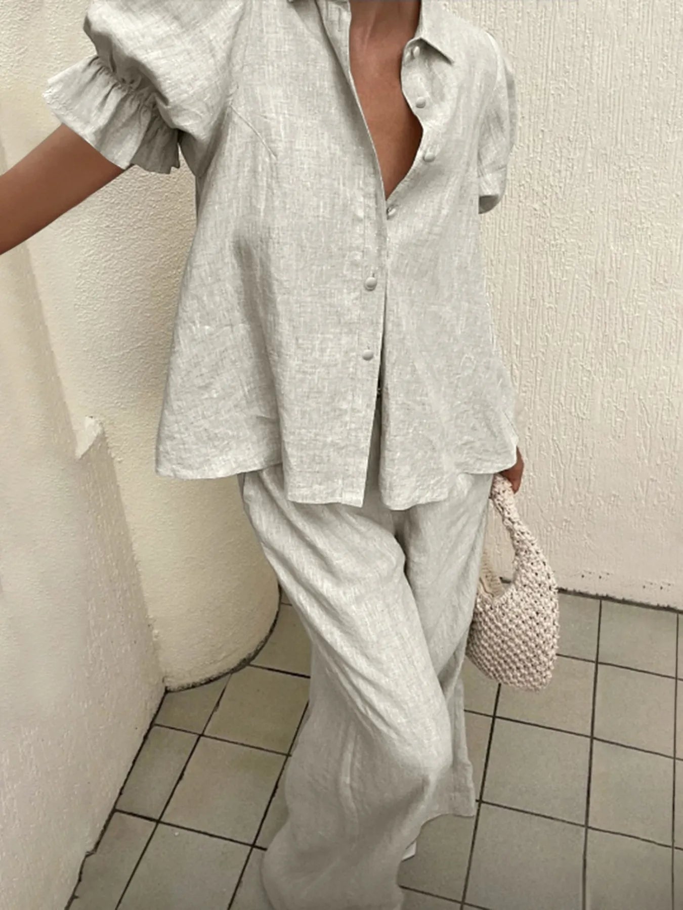 Plus Size Button-Down Shirt and Wide-Leg Pants Set Light Gray