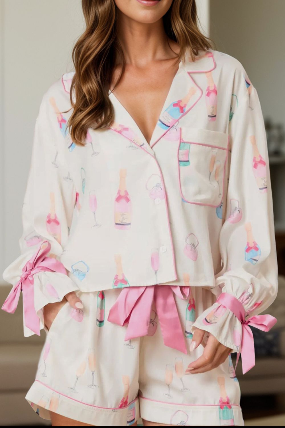 Bow Printed Collared Neck Top and Drawstring Shorts Lounge Set White