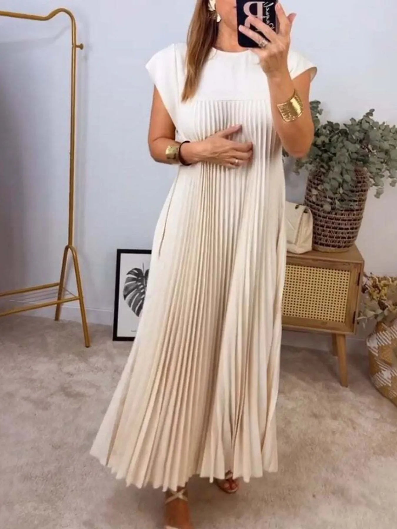 Full Size Pleated Round Neck Maxi Dress Plus Size White