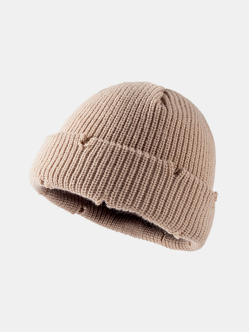 Distressed Cuffed Knit Hat Khaki One Size