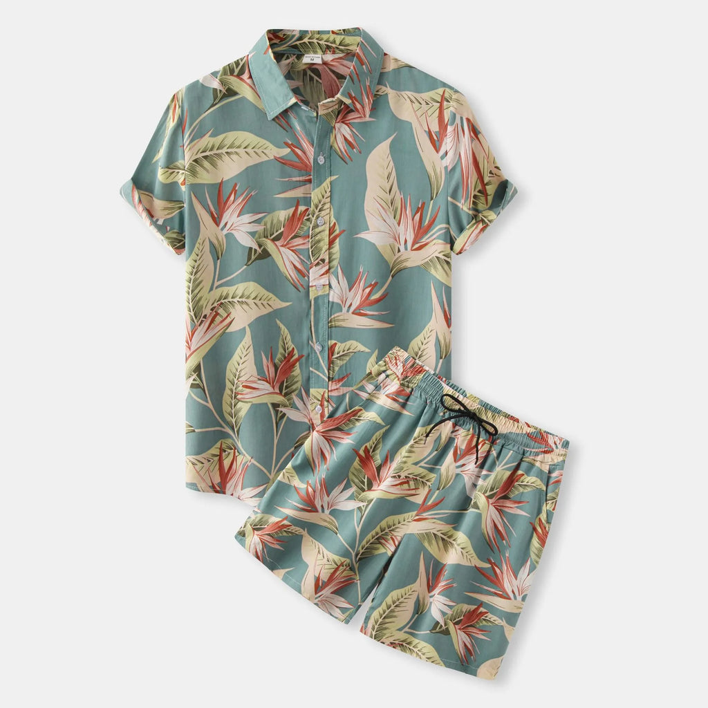 men's men's plus size printed button up shirt and shorts set - styled view