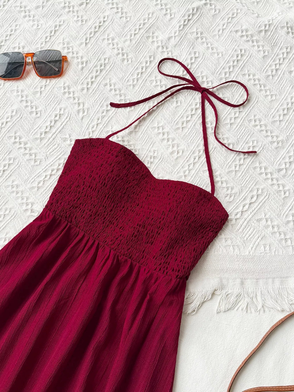 women's sweetheart neck halter neck tiered dress - detail shot