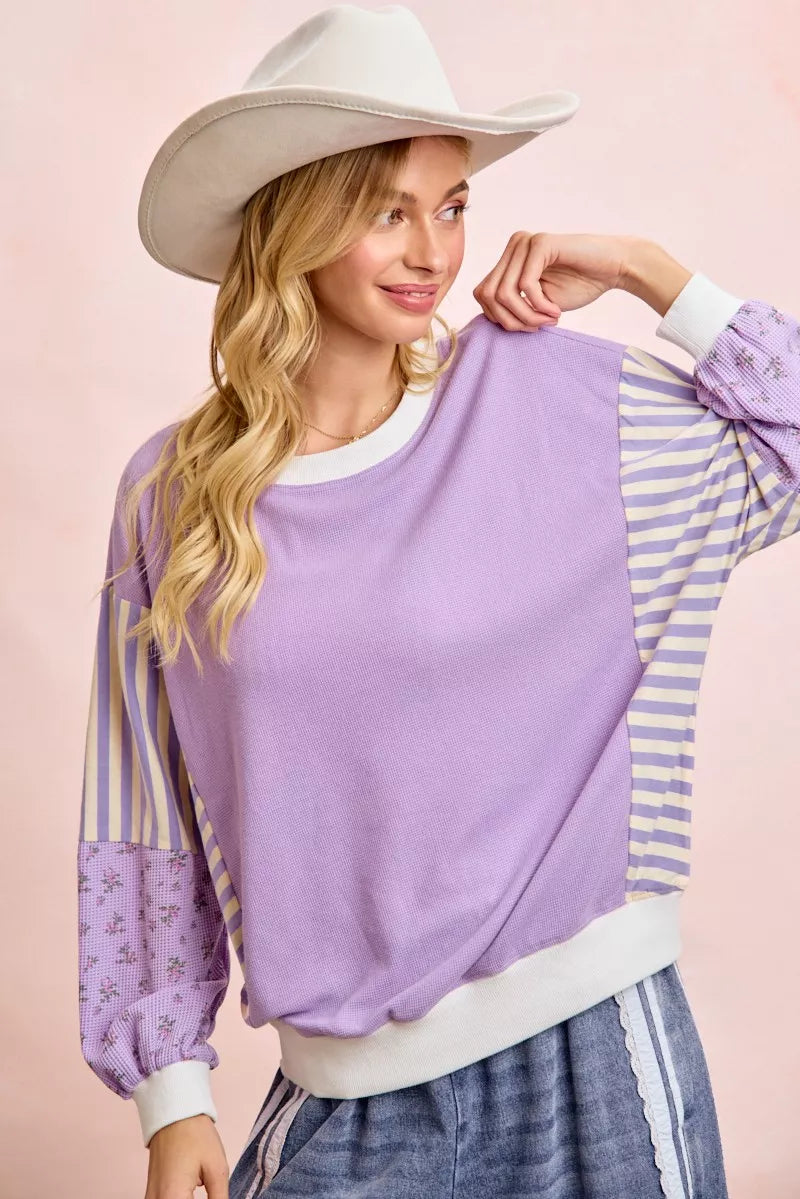 women's bibi mix and match sweatshirt with floral sleeve striped - second view