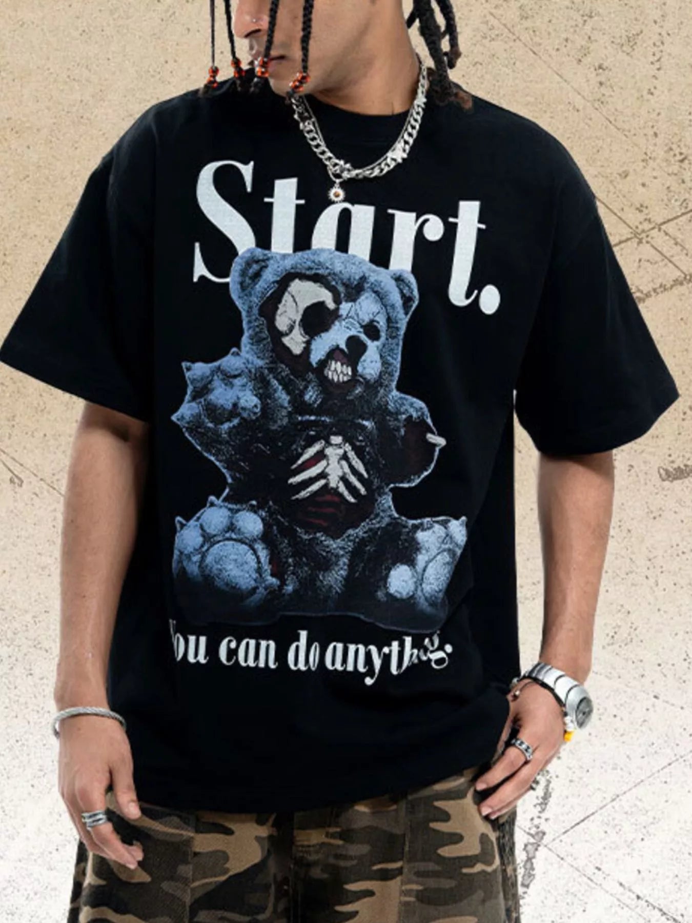 men's men's teddy bear graphic round neck oversized t-shirt - styled view