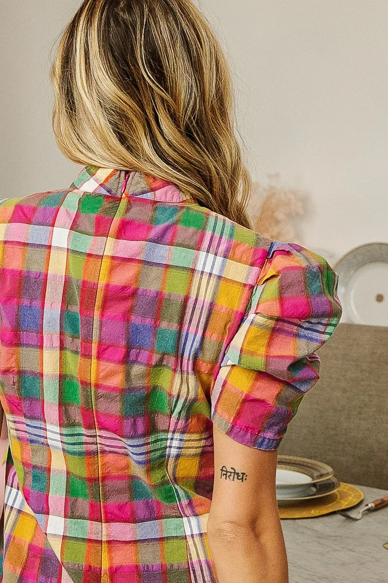 women's bibi short puff sleeve washed vintage plaid top - styling option