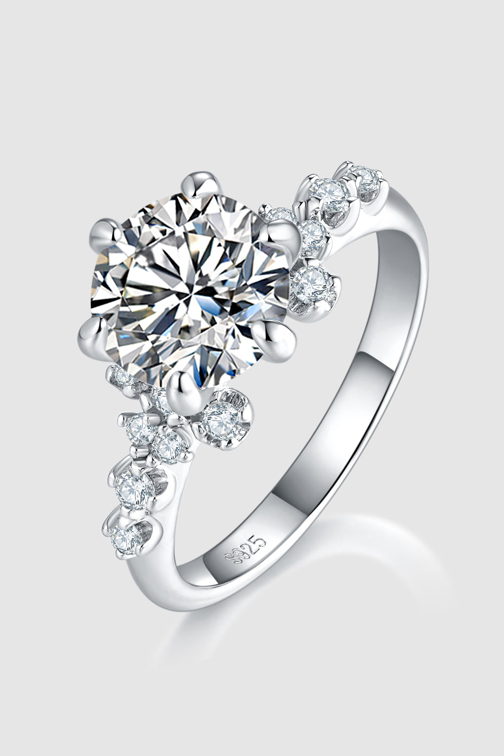 gold and silver rings unique engagement rings 2 Carat Moissanite 925 Sterling Silver Ring in Silver, size 5, 6, 7, 8, 9, shown in angled view highlighting gemstone detail
