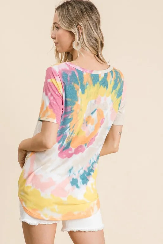 women's bibi circular tie dye print v neck top - product detail