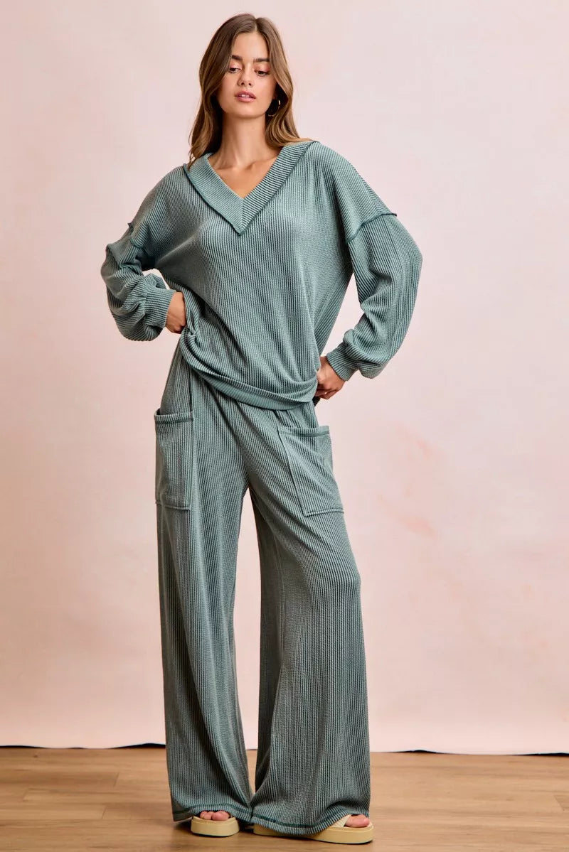 women's bibi two tone cord rib contrast stitching v-neck top and pants set - second view
