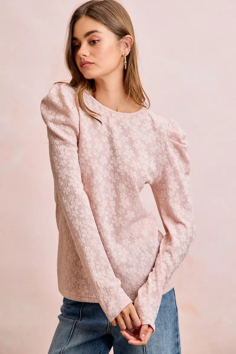 women's bibi textured flower knit puff shoulder top - styling option