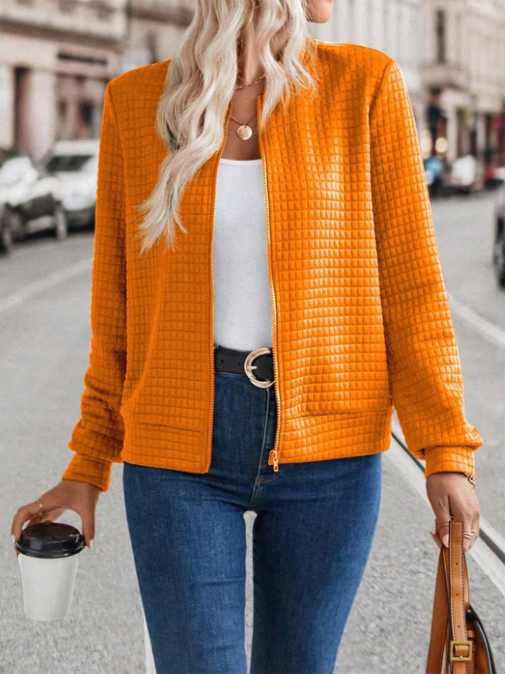 women's textured zip-up long sleeve jacket - styling option