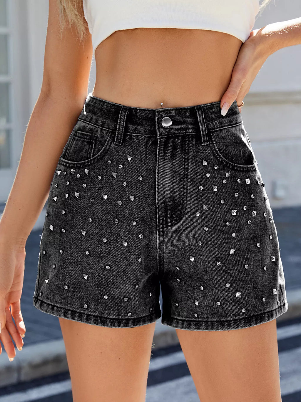 women's studded high waist denim shorts - additional image