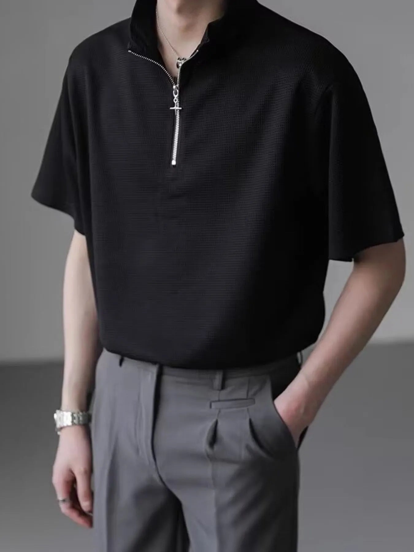men's men's plus size casual half zip short sleeve polo - styled view