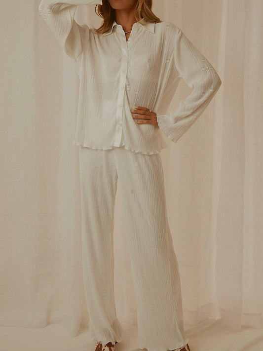 Collared Neck Long Sleeve Top and Pants Lounge Set Cream