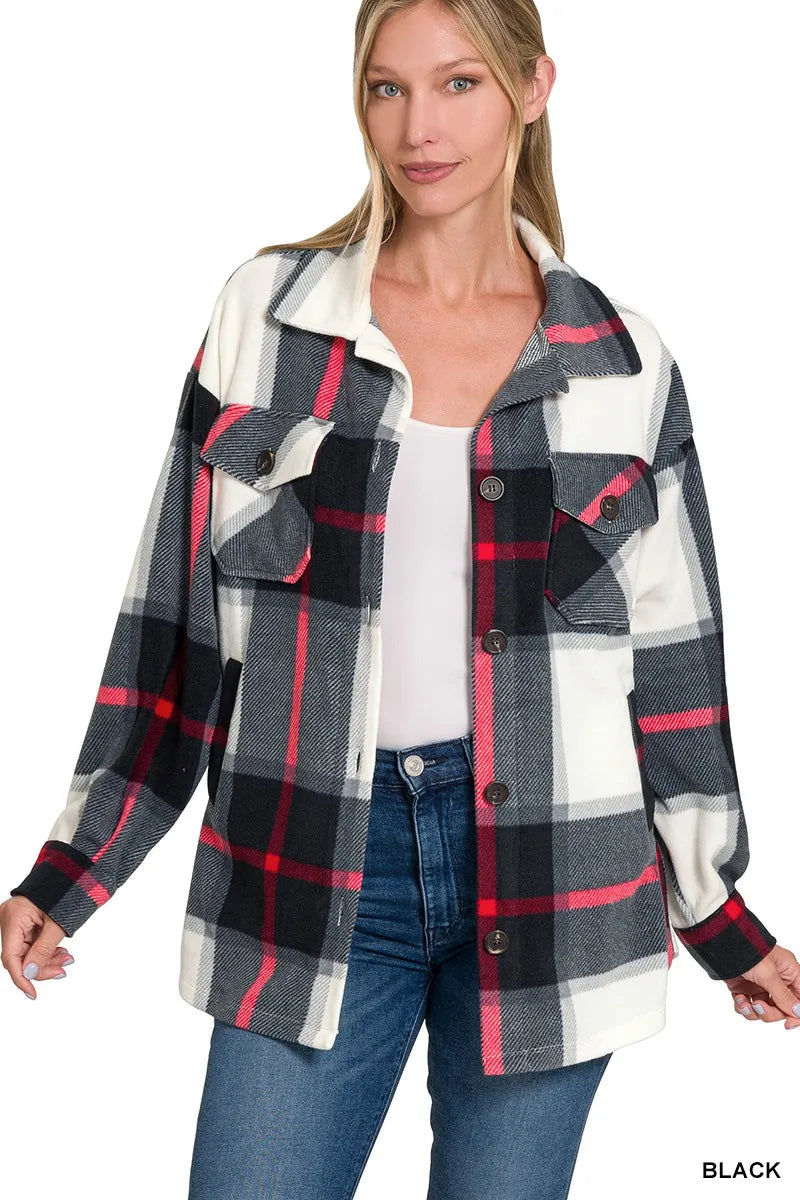 zenana oversized plaid fleece shacket - oversized button down fleece jacket shown as women’s shacket