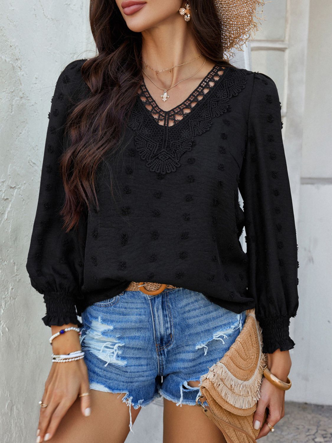 Devine Swiss Dot Lace Detail V-Neck Long Sleeve Blouse