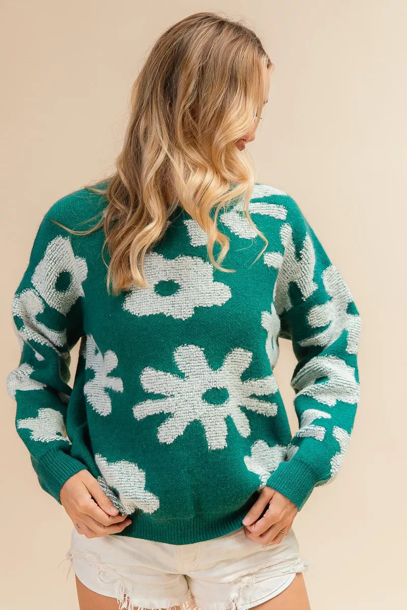 women's bibi flower pattern long sleeves sweater top - styling option