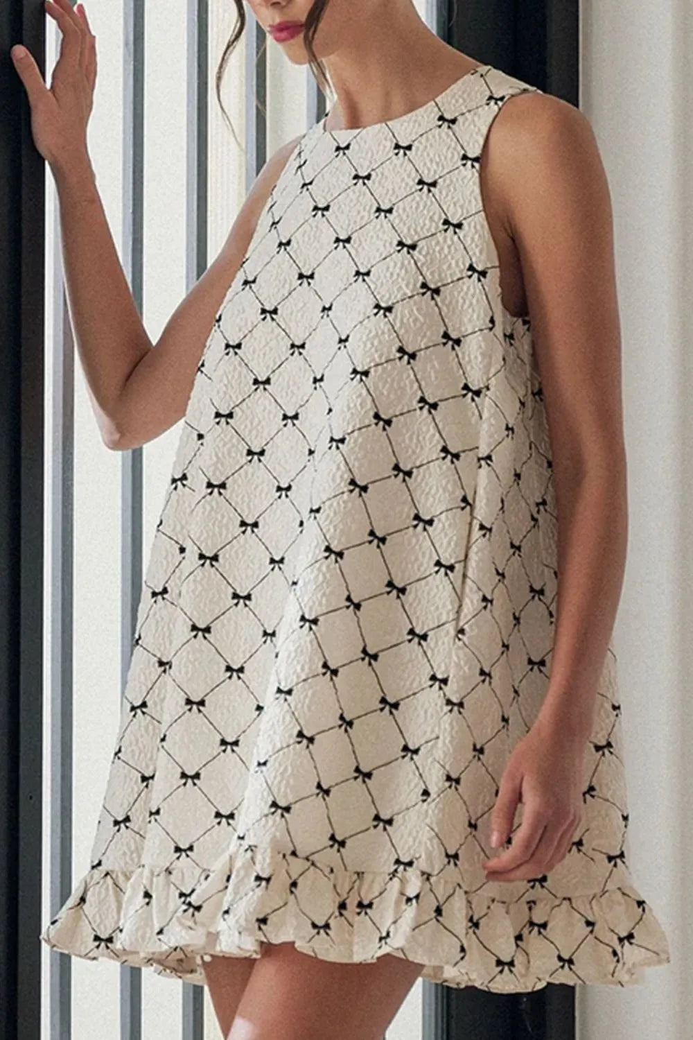 Ruffled Hem Bow Print Sleeveless Mini Dress White