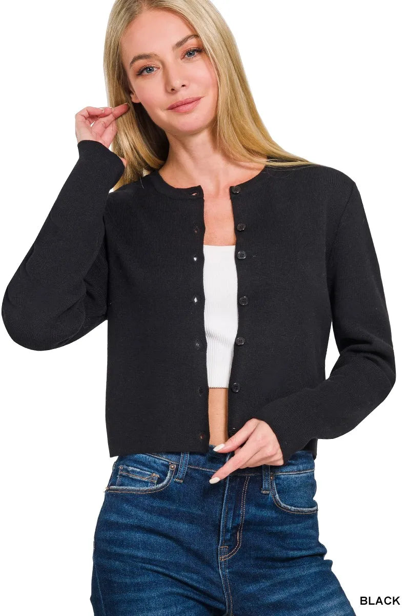 women's fashion: zenana button-front crewneck long sleeve cropped ca shown as women’s cardigan
