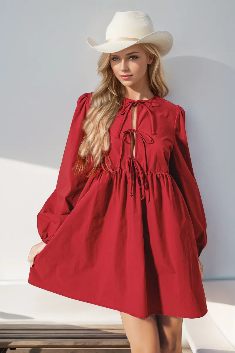 Double Take Christmas Front Tied Long Sleeve Mini Dress Red