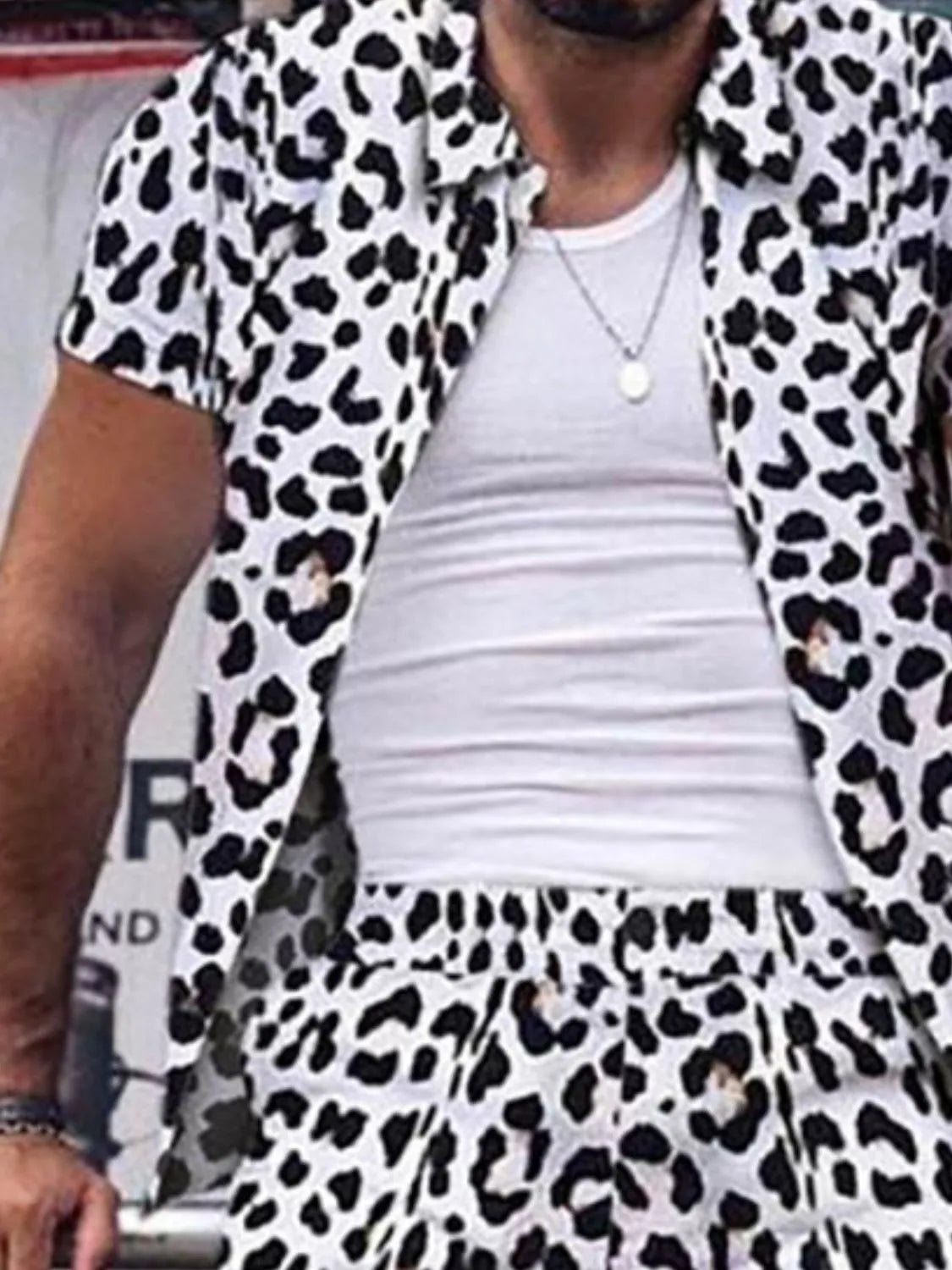men's men's full size leopard button up shirt and shorts set plus size - alternate angle