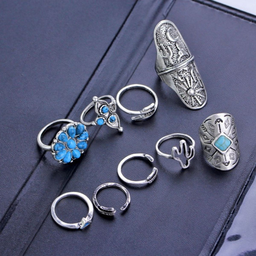 everyday rings rose gold solitaire ring Alloy Turquoise 9-Piece Ring Set in Silver, size One Size, shown in polished detail highlighting gemstone detail