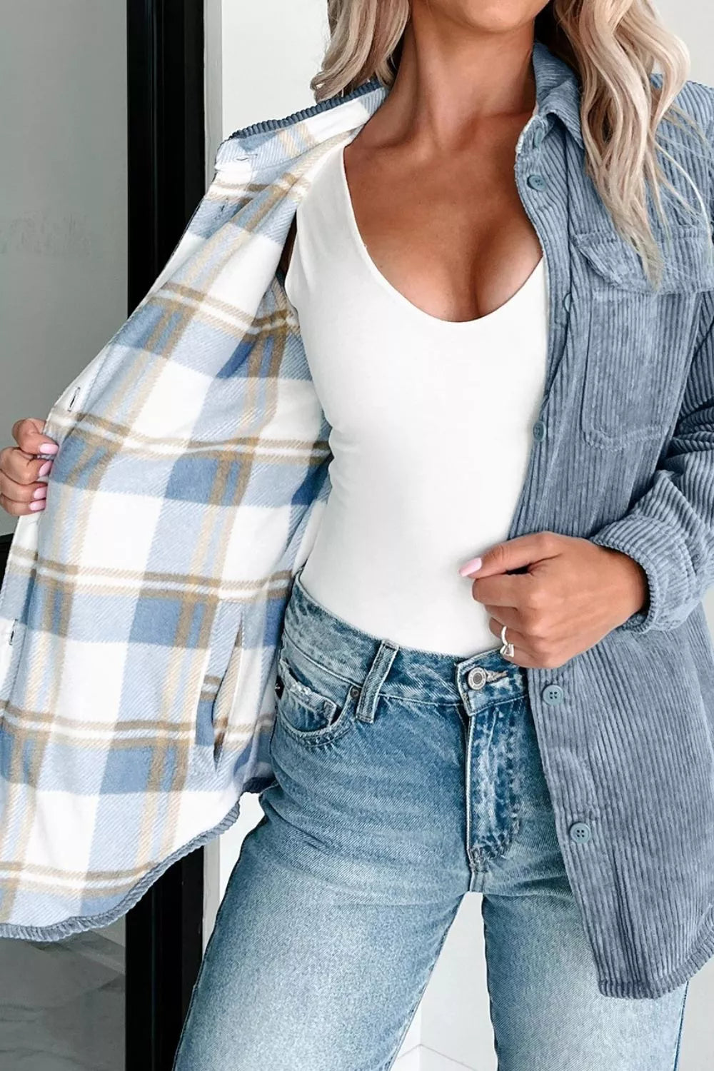 women's corduroy plaid button-up shacket - product detail