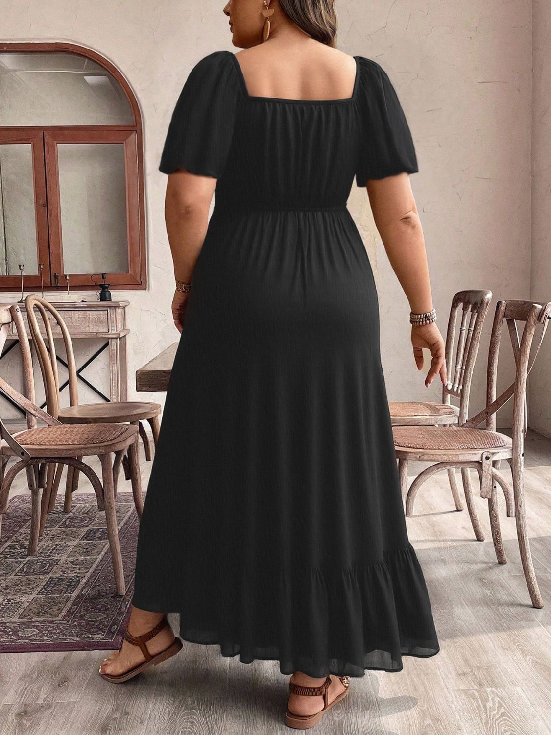 Plus Size Ruffled Hem Square Neck Short Sleeve Dress