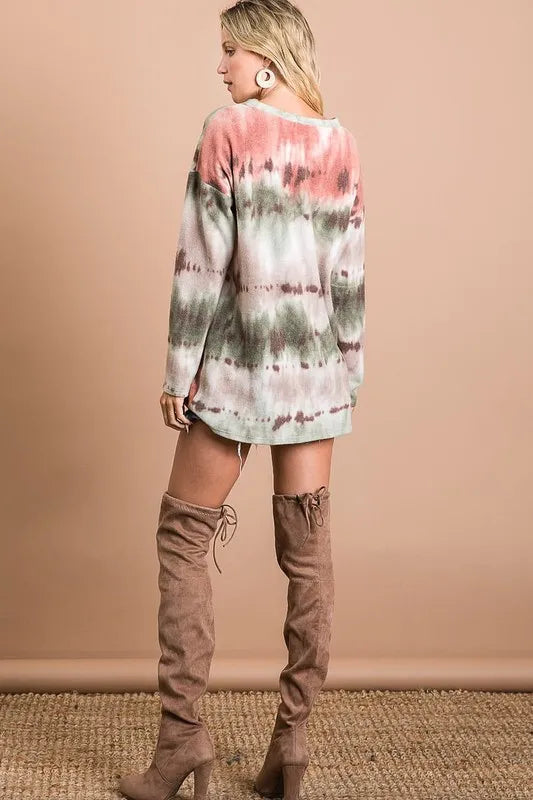 women's bibi brushed tie dye looking print v neck top - styling option