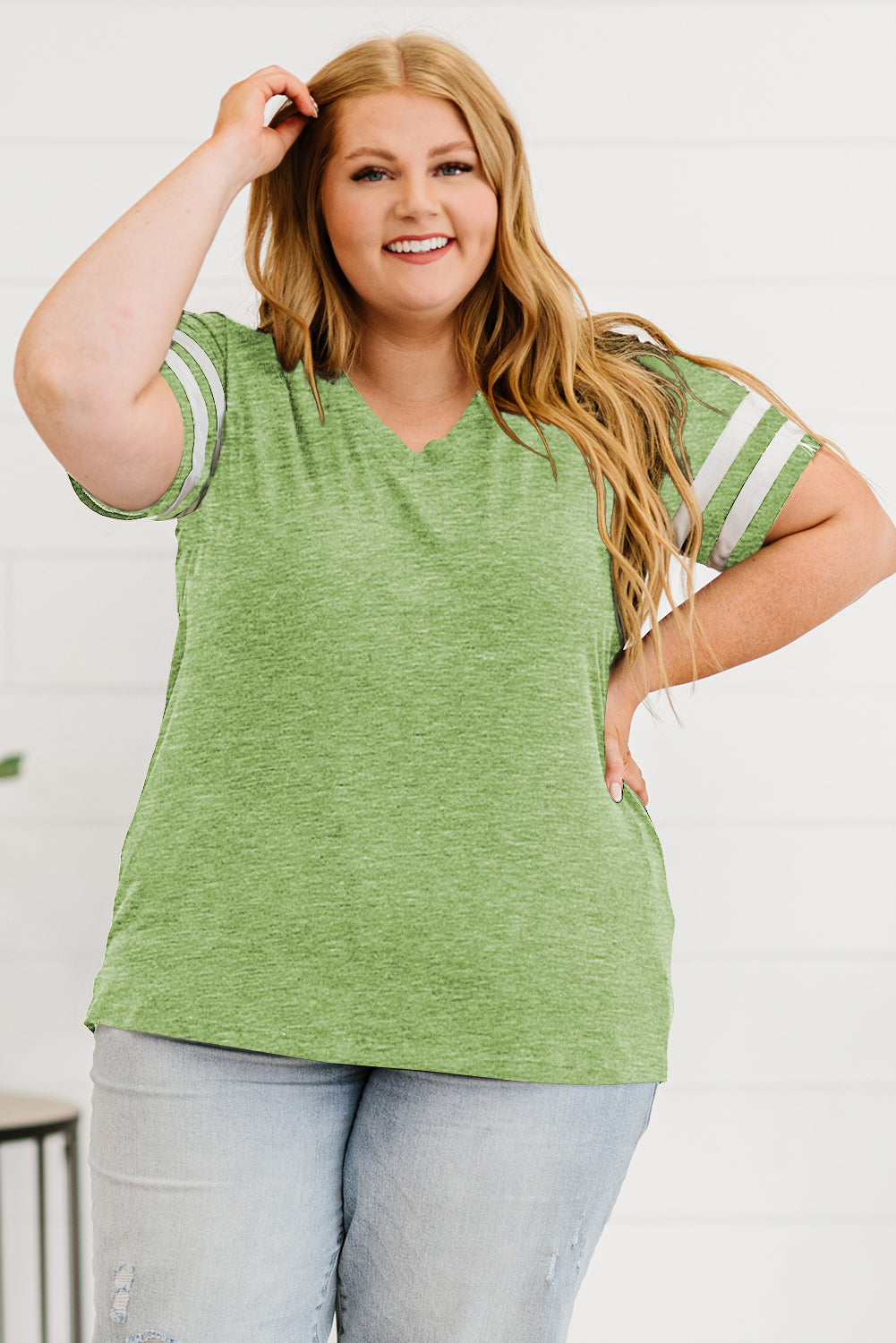 Plus Size Striped V-Neck Tee Shirt Lime