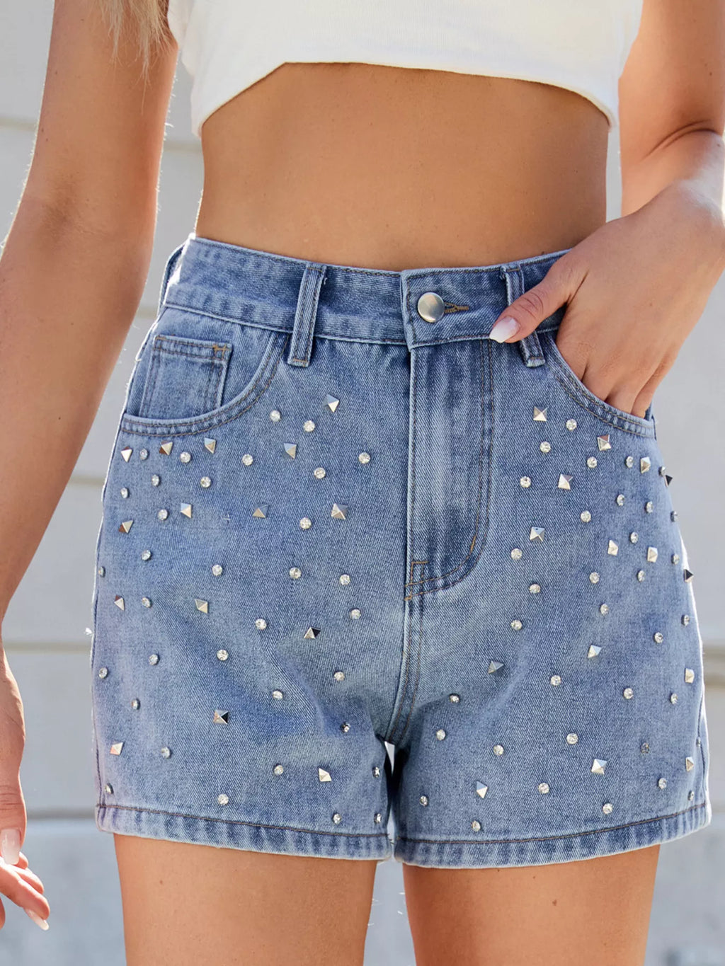 women's studded high waist denim shorts - extra view