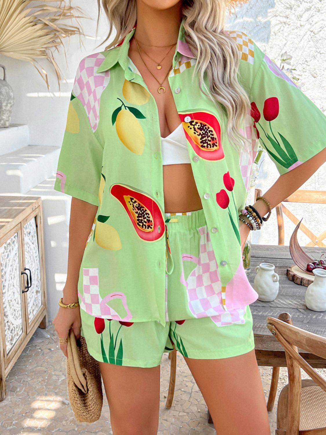 Devine Printed Button Down Shirt and Shorts Set